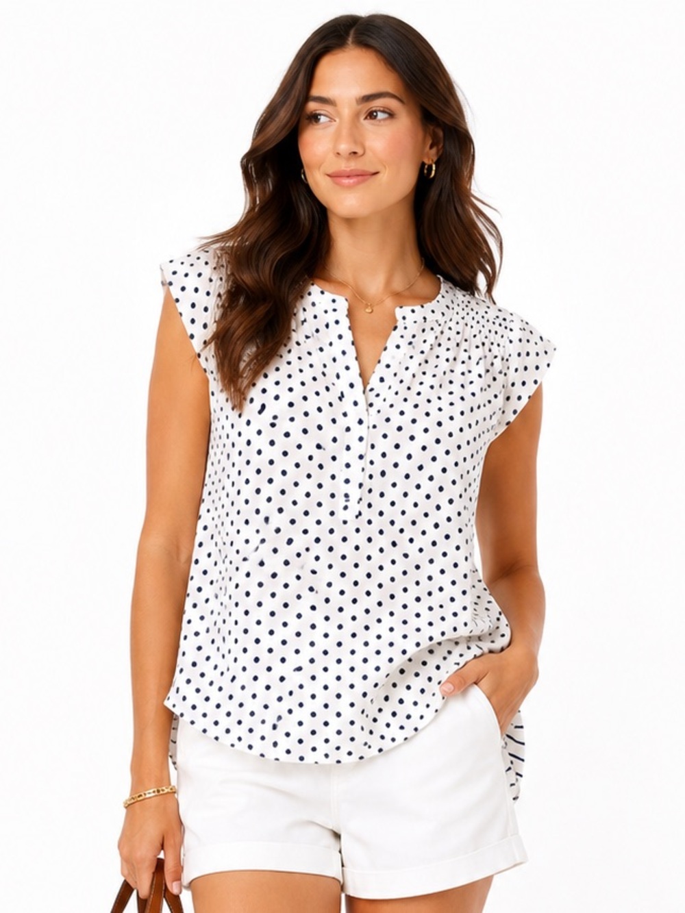 Daniel Rainn Polka Dot Linen Blend Mixed Media Top Cap Sleeve Size M